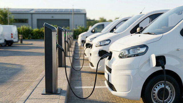 A row of electric vans charging at a commercial depot
